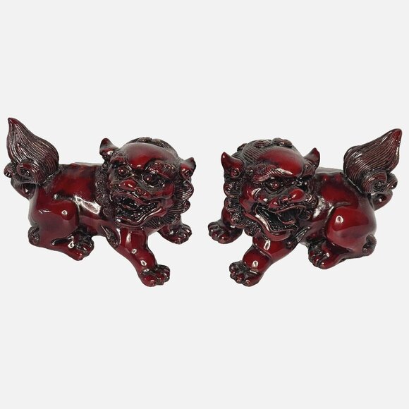 Vintage Foo Dog Pair Red Resin Asian Guardian Lion Figurines 4 in long each - Picture 8 of 16